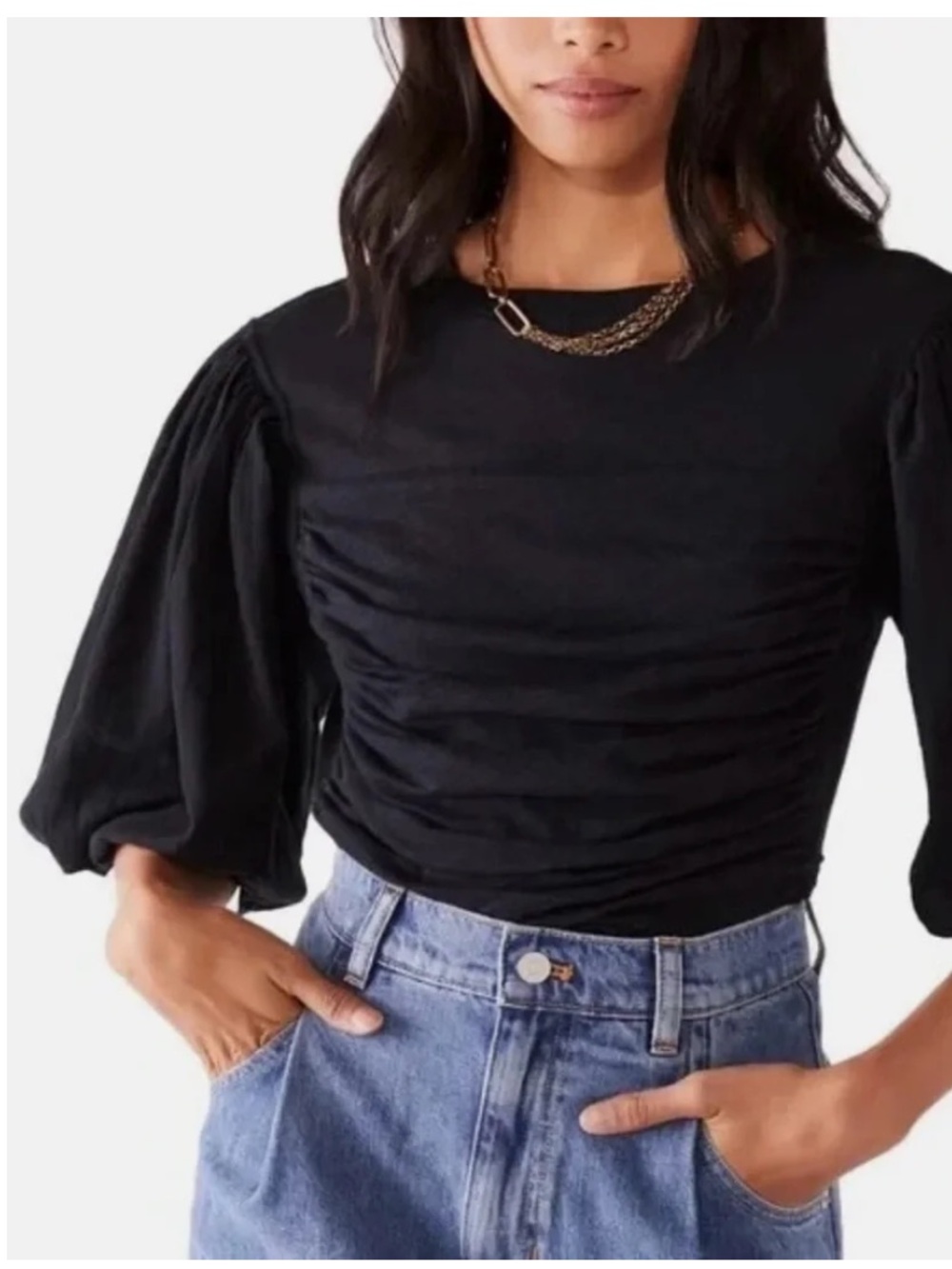 Free People Sweet Spot Black Puff-Sleeve Ruched Cotton Top Size XS